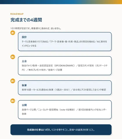 8ページ目の誌面。1週目から4週目までにやることを並べた表